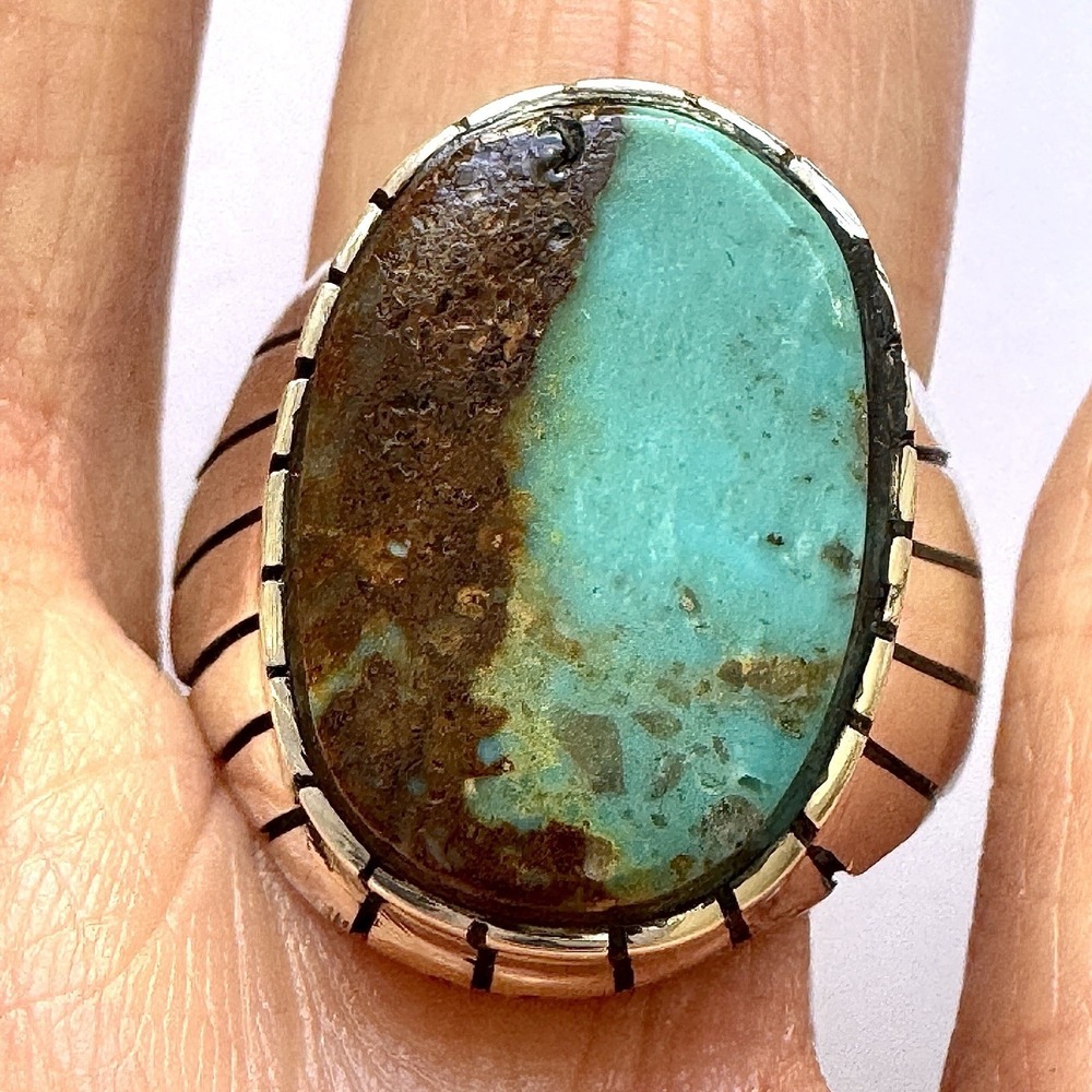 Navajo Turquoise Mens Ring Sz 10 Signed Jack Oval Sterling Native American 20mm‎